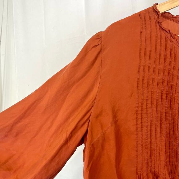 GARNET HILL Pintucked Silk Blouse Henley Button Bishop Sleeve Orange Size 16 - Picture 5 of 11